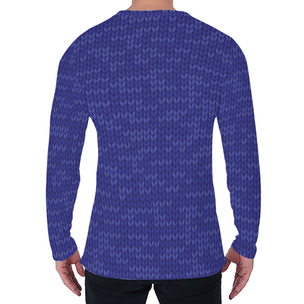Deep Blue Knitted Pattern Print Men's Long Sleeve T-Shirt