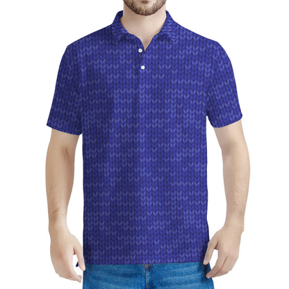 Deep Blue Knitted Pattern Print Men's Polo Shirt