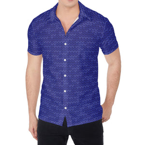 Deep Blue Knitted Pattern Print Men's Shirt