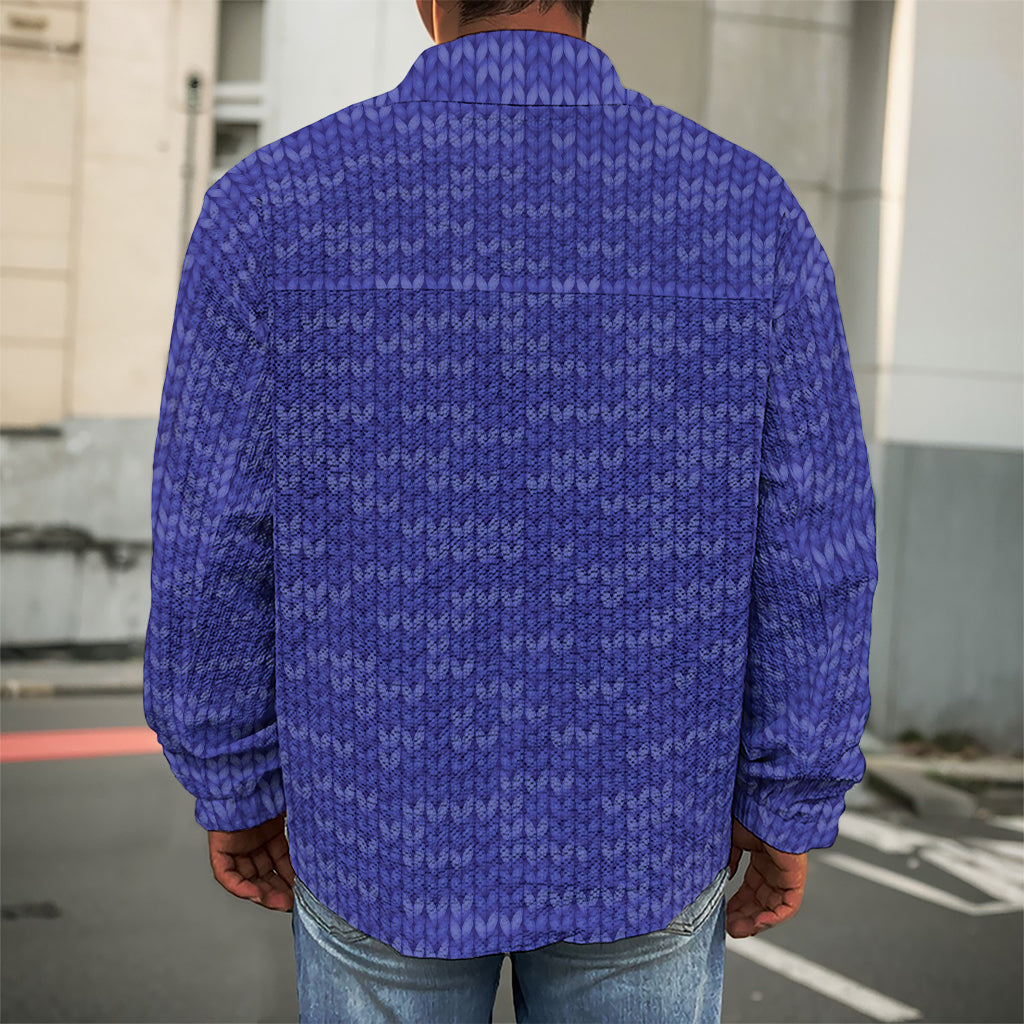 Deep Blue Knitted Pattern Print Men's Shirt Jacket