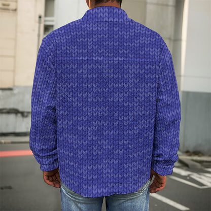 Deep Blue Knitted Pattern Print Men's Shirt Jacket