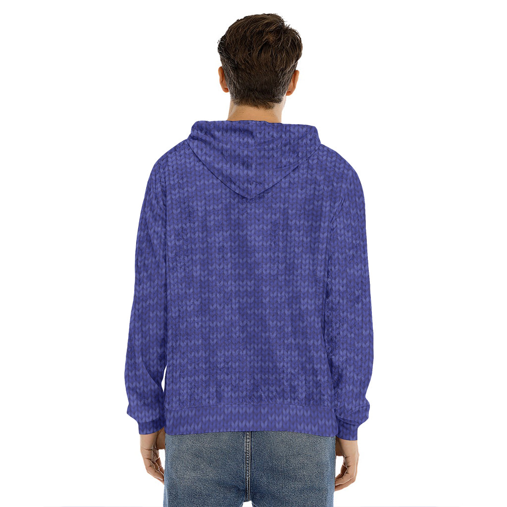 Deep Blue Knitted Pattern Print Men's Velvet Pullover Hoodie