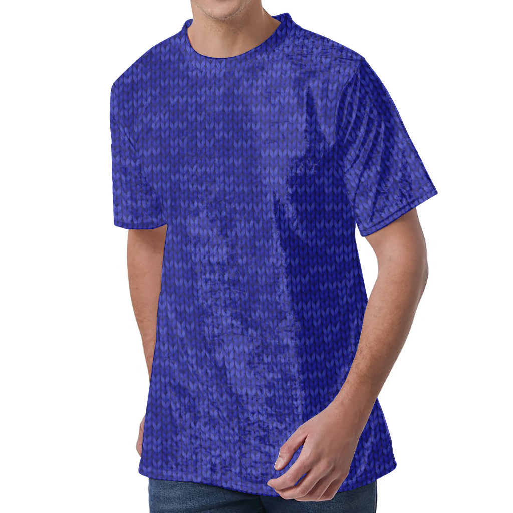 Deep Blue Knitted Pattern Print Men's Velvet T-Shirt