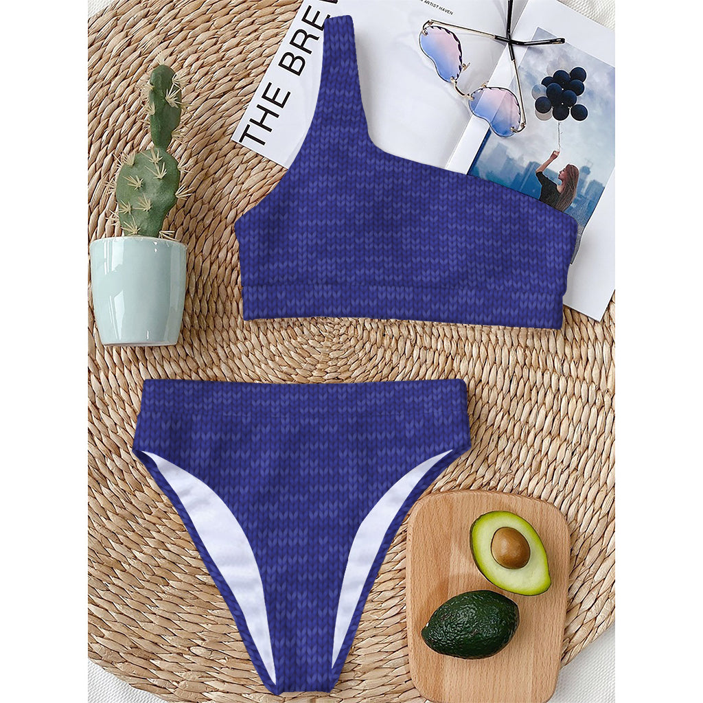 Deep Blue Knitted Pattern Print One Shoulder Bikini Top