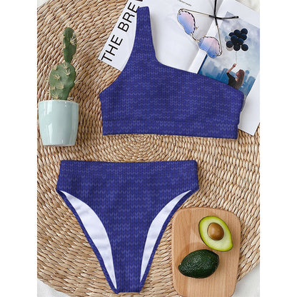 Deep Blue Knitted Pattern Print One Shoulder Bikini Top