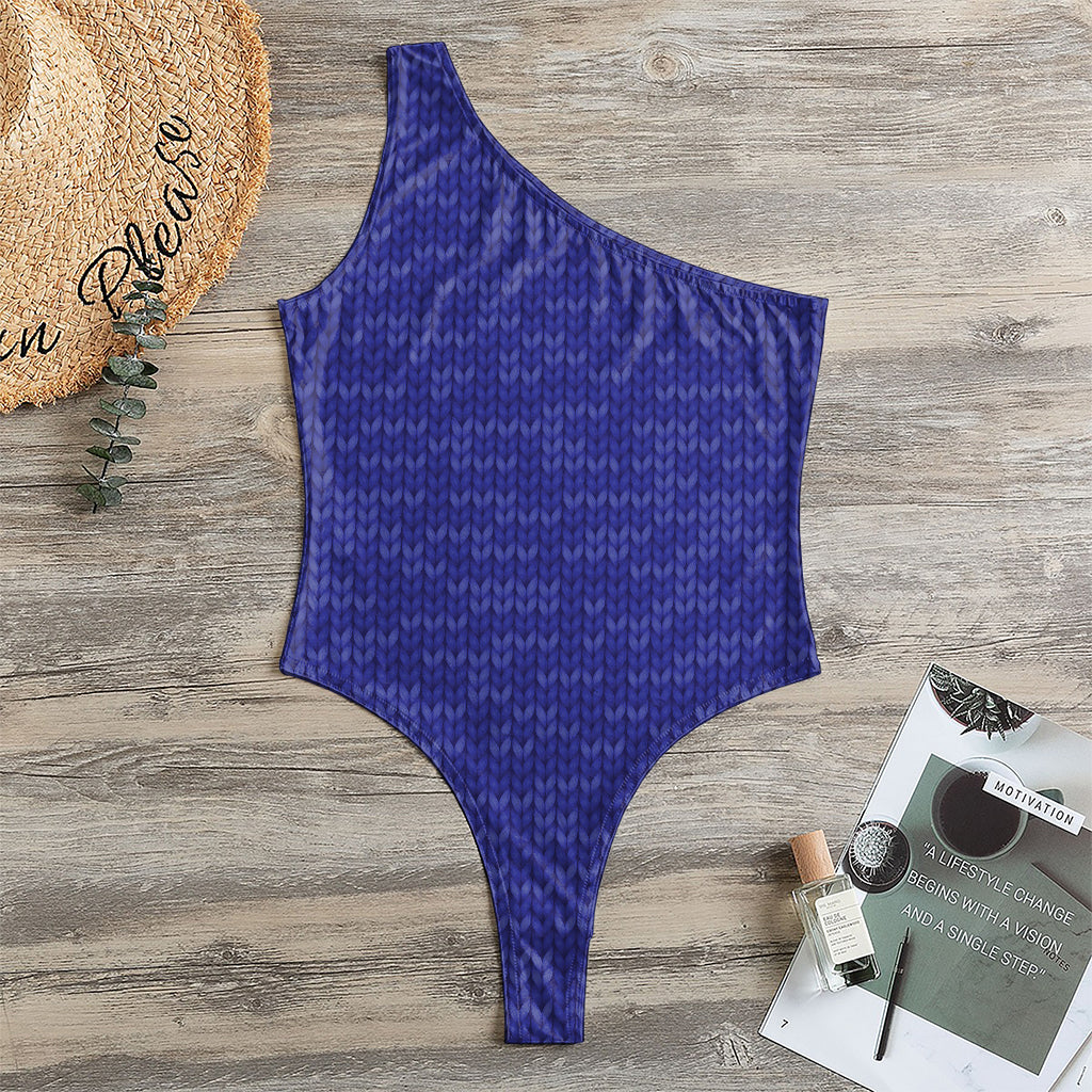 Deep Blue Knitted Pattern Print One Shoulder Bodysuit