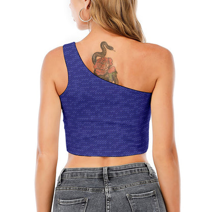 Deep Blue Knitted Pattern Print One Shoulder Crop Top
