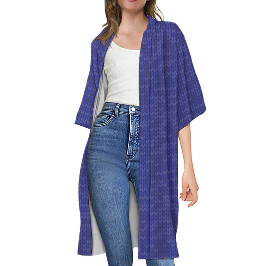 Deep Blue Knitted Pattern Print Open Front Beach Cover Up