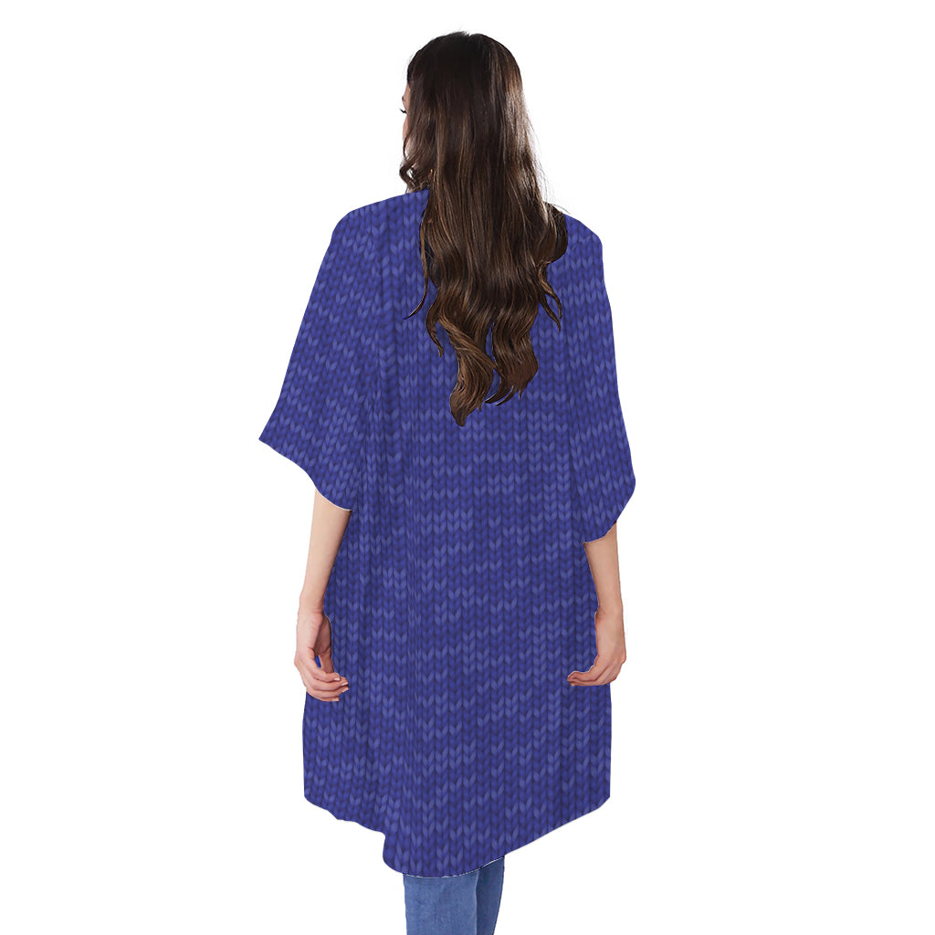 Deep Blue Knitted Pattern Print Open Front Beach Cover Up