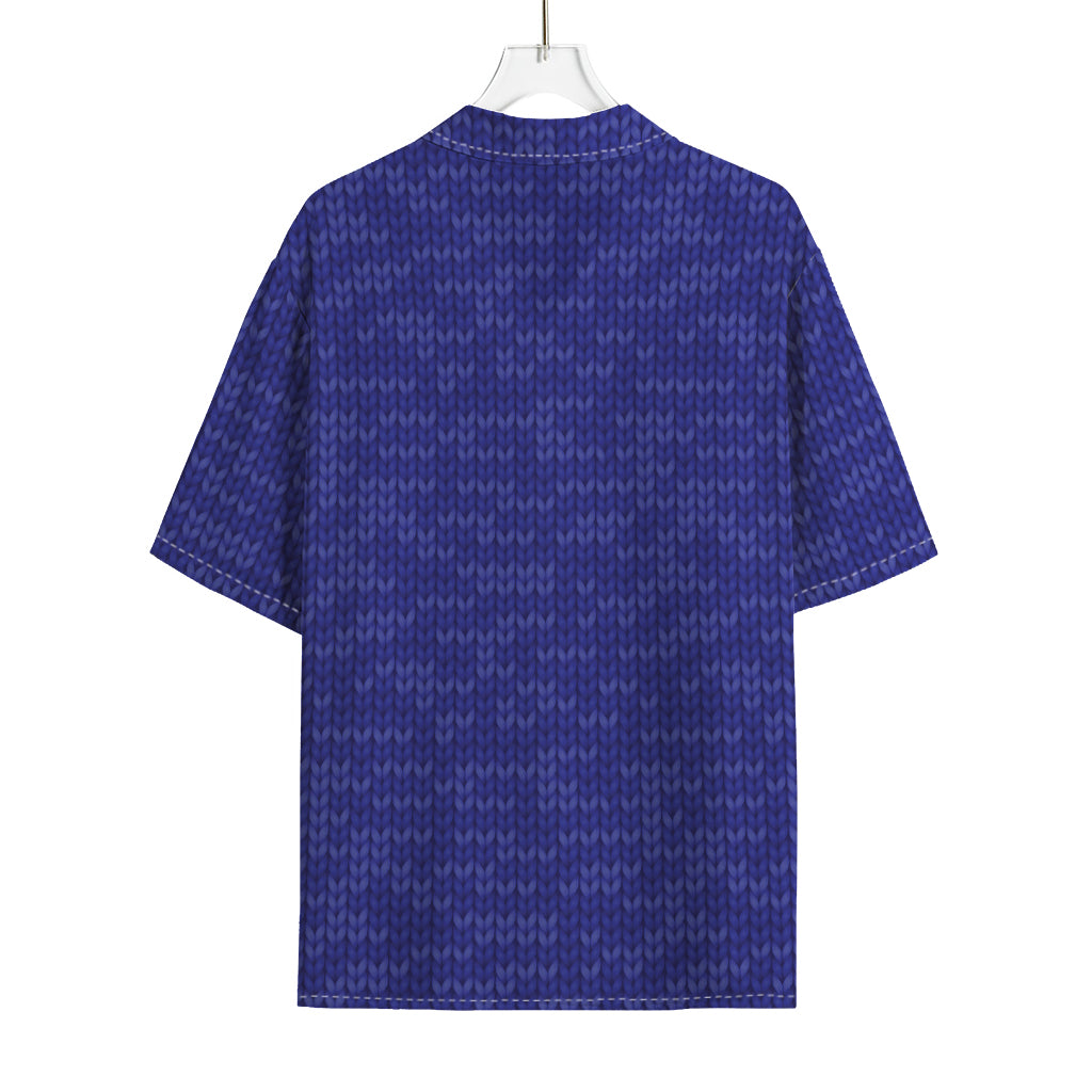 Deep Blue Knitted Pattern Print Rayon Hawaiian Shirt