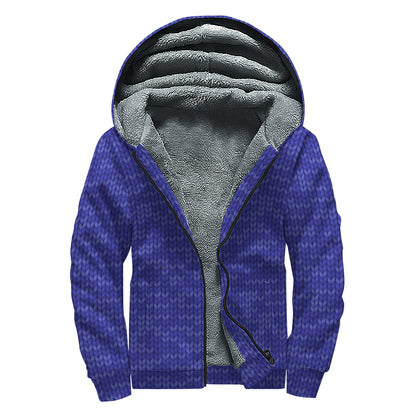 Deep Blue Knitted Pattern Print Sherpa Lined Zip Up Hoodie