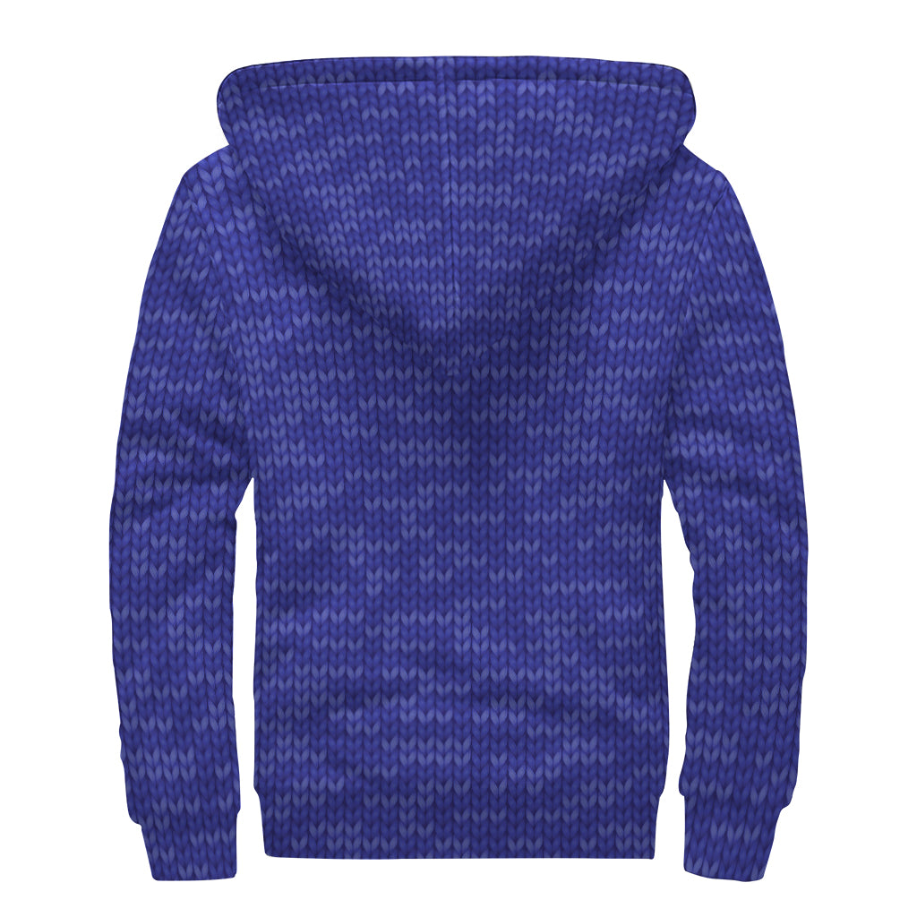 Deep Blue Knitted Pattern Print Sherpa Lined Zip Up Hoodie