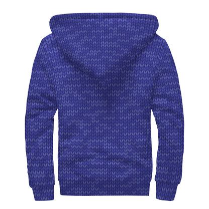 Deep Blue Knitted Pattern Print Sherpa Lined Zip Up Hoodie