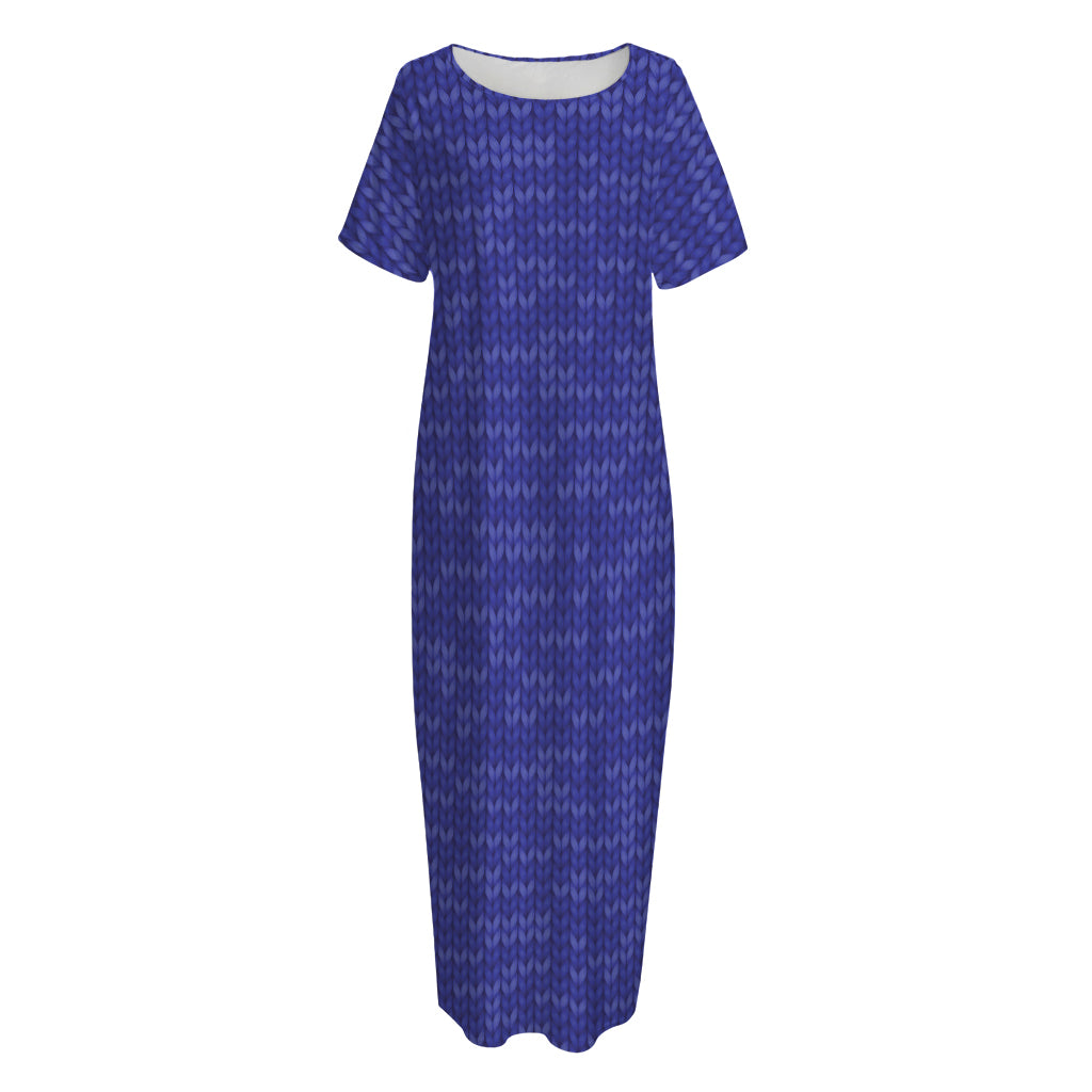 Deep Blue Knitted Pattern Print Short Sleeve Long Nightdress