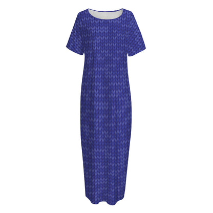 Deep Blue Knitted Pattern Print Short Sleeve Long Nightdress