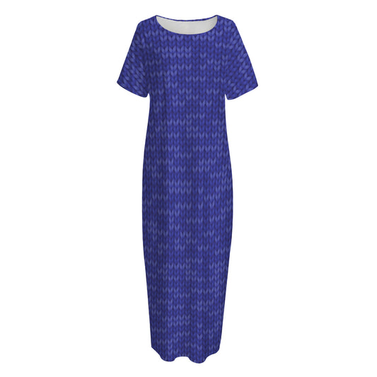 Deep Blue Knitted Pattern Print Short Sleeve Long Nightdress