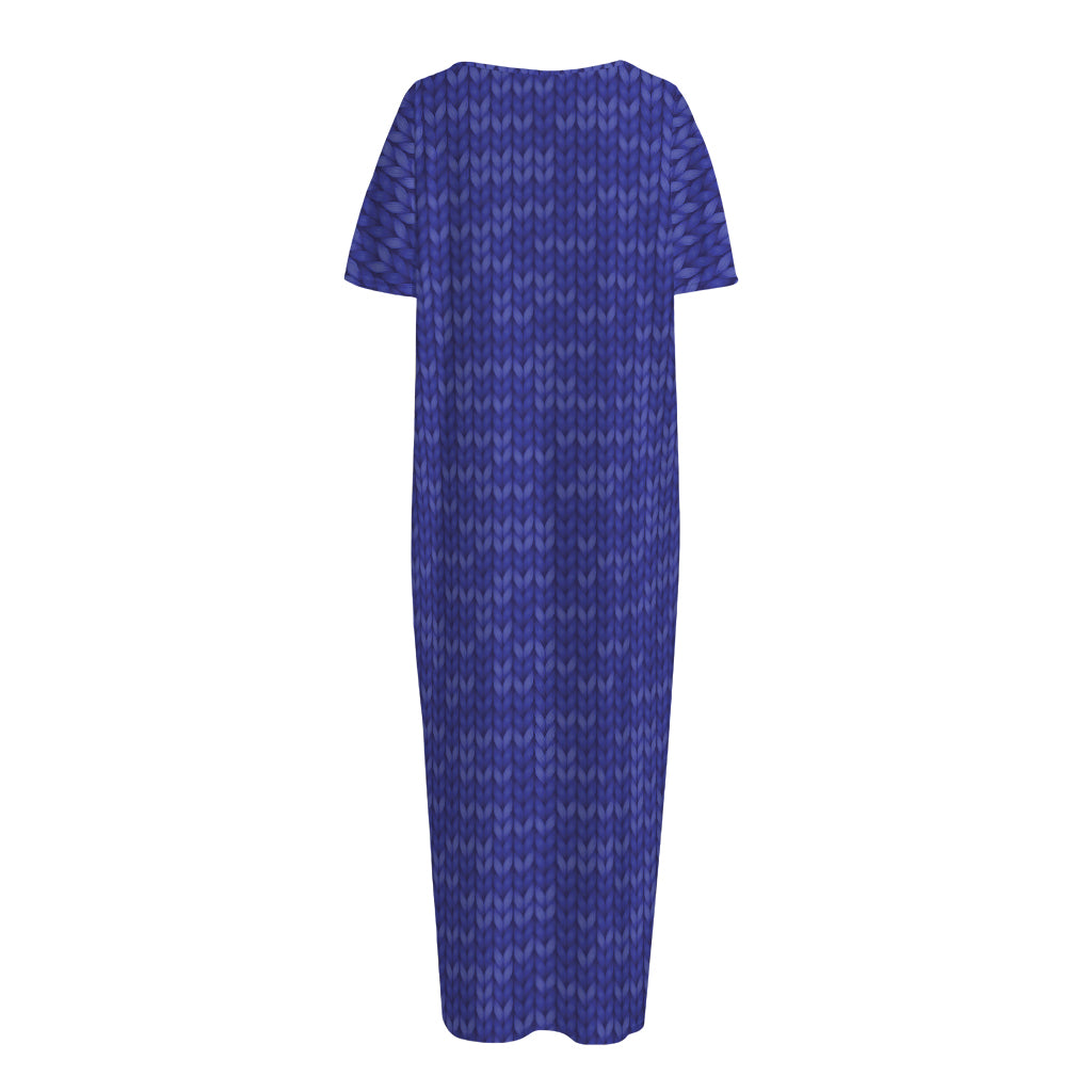 Deep Blue Knitted Pattern Print Short Sleeve Long Nightdress