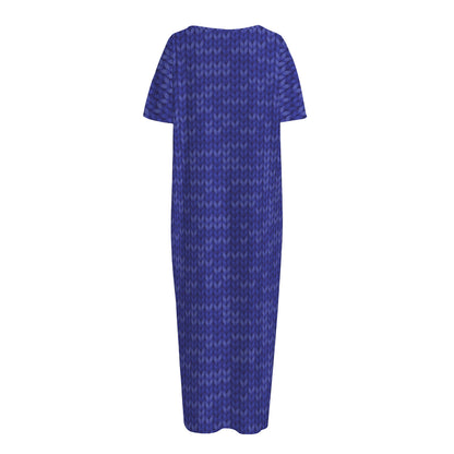 Deep Blue Knitted Pattern Print Short Sleeve Long Nightdress