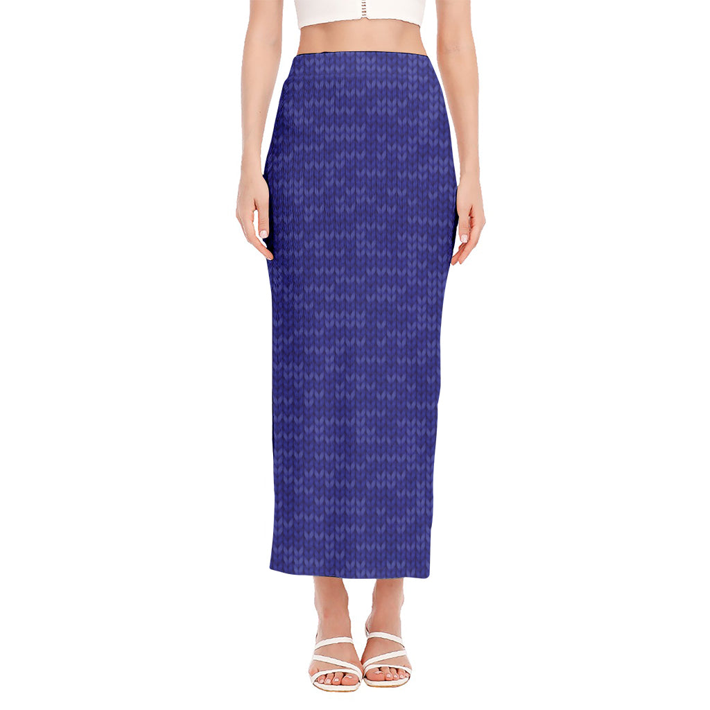 Deep Blue Knitted Pattern Print Side Slit Maxi Skirt