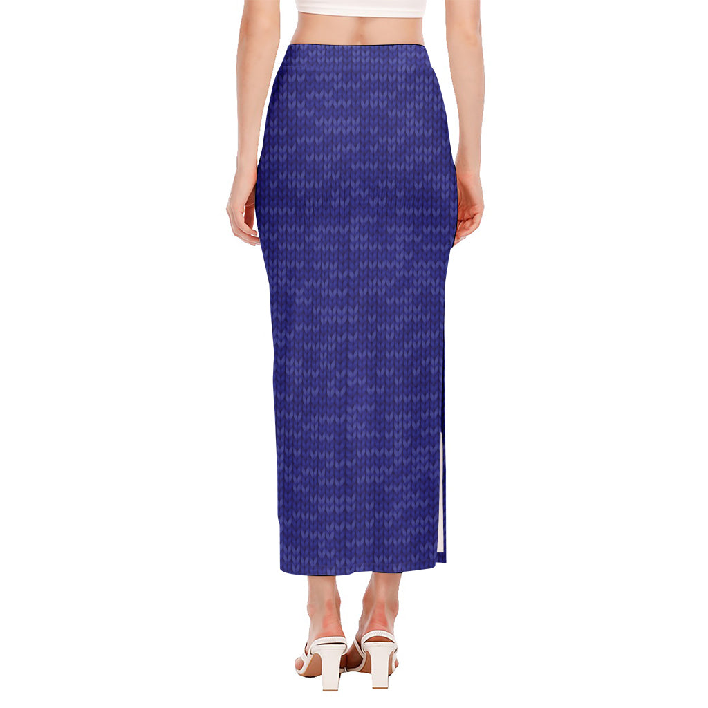 Deep Blue Knitted Pattern Print Side Slit Maxi Skirt