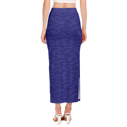 Deep Blue Knitted Pattern Print Side Slit Maxi Skirt