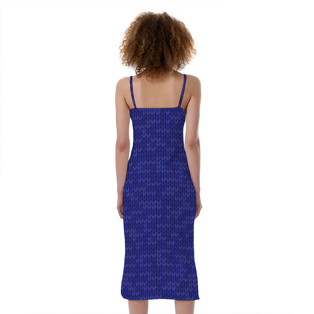 Deep Blue Knitted Pattern Print Slim Fit Midi Cami Dress