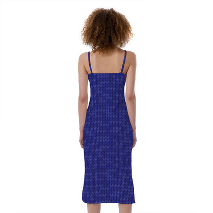 Deep Blue Knitted Pattern Print Slim Fit Midi Cami Dress