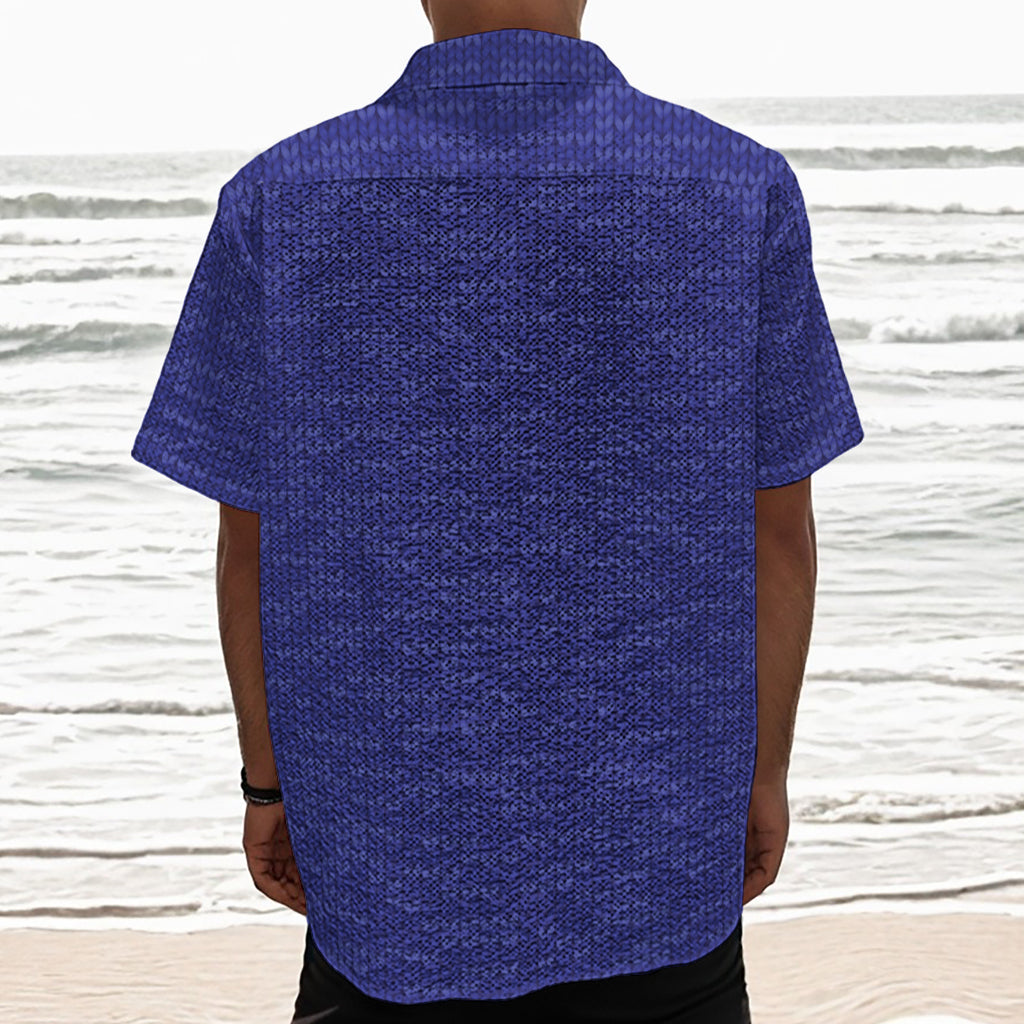 Deep Blue Knitted Pattern Print Textured Short Sleeve Shirt