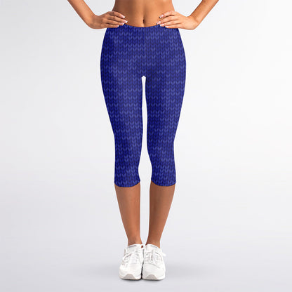 Deep Blue Knitted Pattern Print Women's Capri Leggings