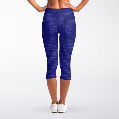 Deep Blue Knitted Pattern Print Women's Capri Leggings