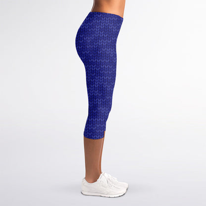 Deep Blue Knitted Pattern Print Women's Capri Leggings
