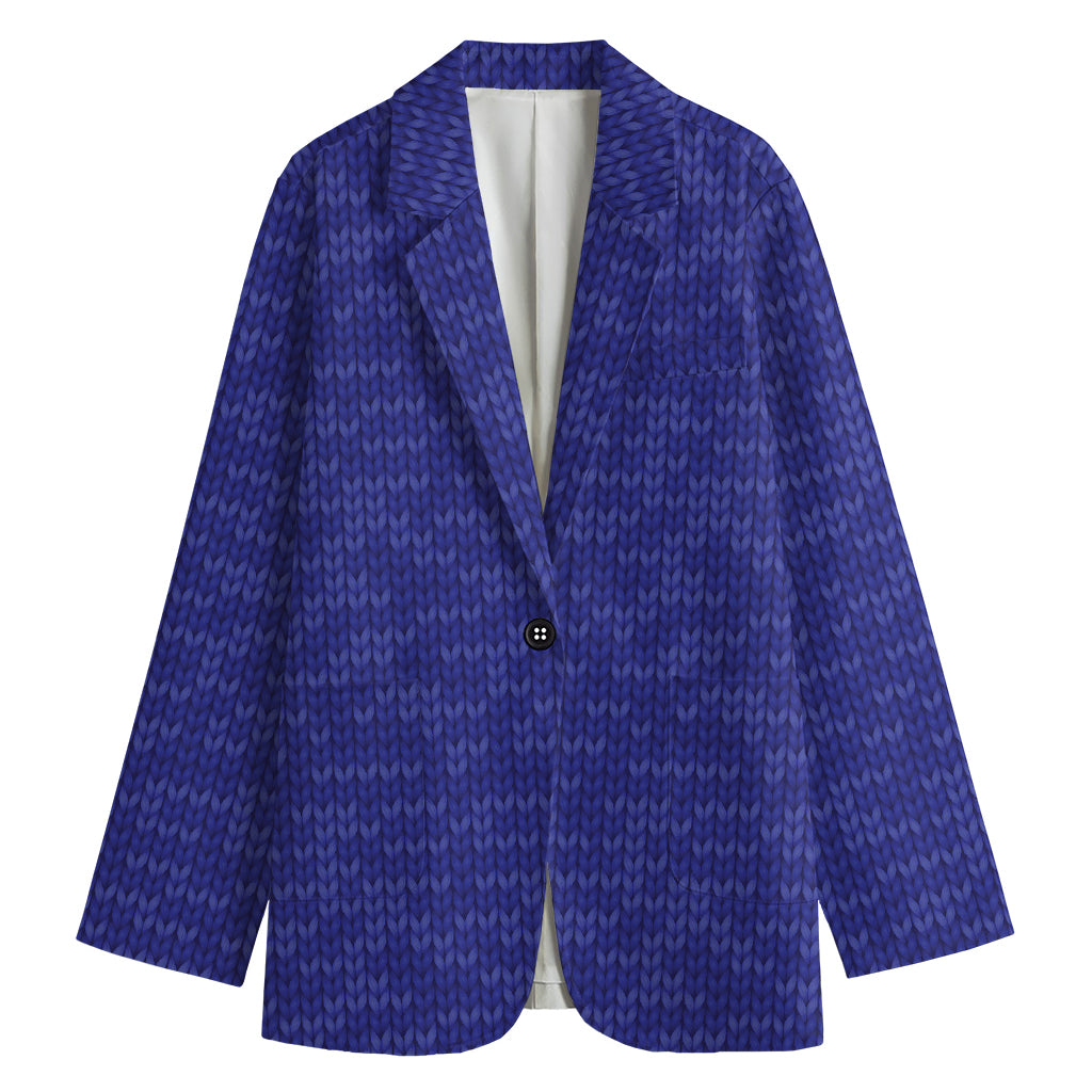 Deep Blue Knitted Pattern Print Women's Cotton Blazer