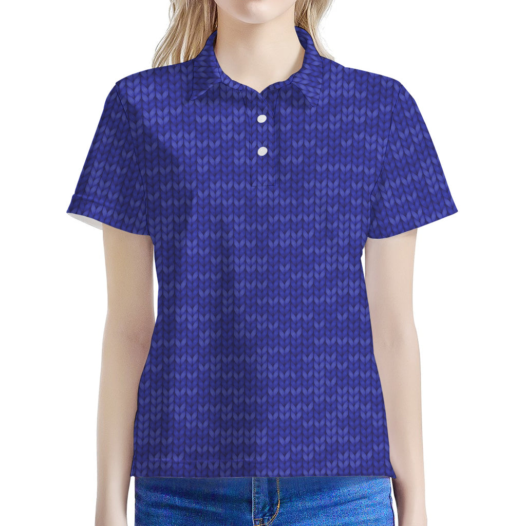 Deep Blue Knitted Pattern Print Women's Polo Shirt