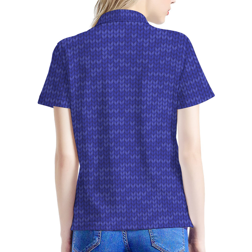 Deep Blue Knitted Pattern Print Women's Polo Shirt