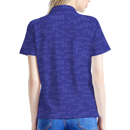 Deep Blue Knitted Pattern Print Women's Polo Shirt