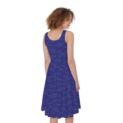 Deep Blue Knitted Pattern Print Women's Sleeveless Dress
