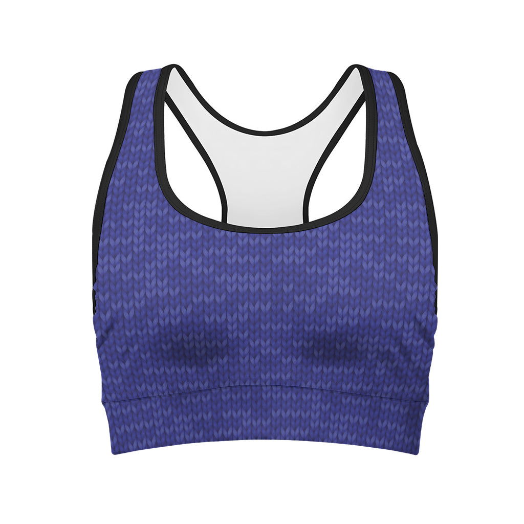 Deep Blue Knitted Pattern Print Women's Sports Bra