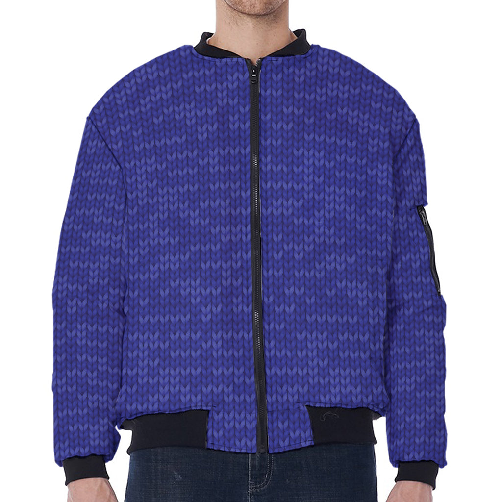 Deep Blue Knitted Pattern Print Zip Sleeve Bomber Jacket
