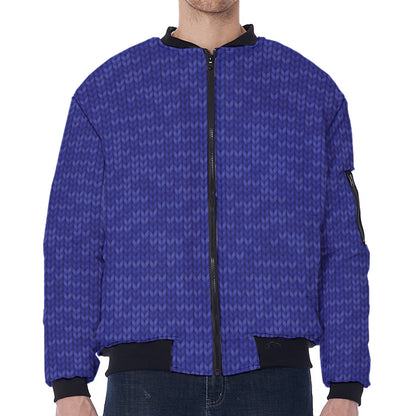 Deep Blue Knitted Pattern Print Zip Sleeve Bomber Jacket