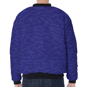 Deep Blue Knitted Pattern Print Zip Sleeve Bomber Jacket