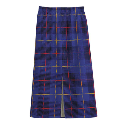 Deep Blue Stewart Tartan Print Cotton Front Slit Maxi Skirt