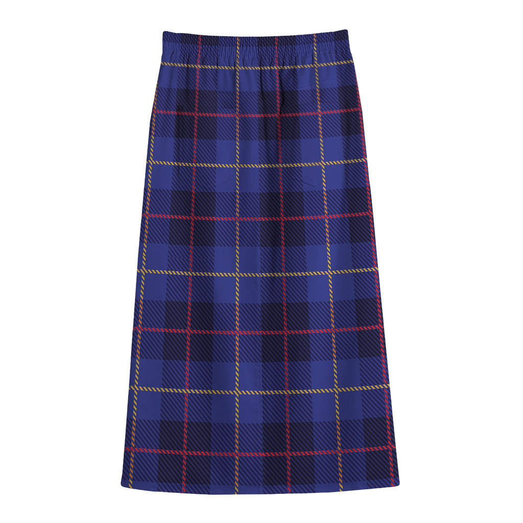 Deep Blue Stewart Tartan Print Cotton Front Slit Maxi Skirt
