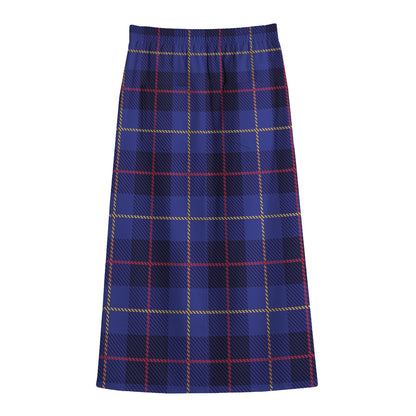 Deep Blue Stewart Tartan Print Cotton Front Slit Maxi Skirt