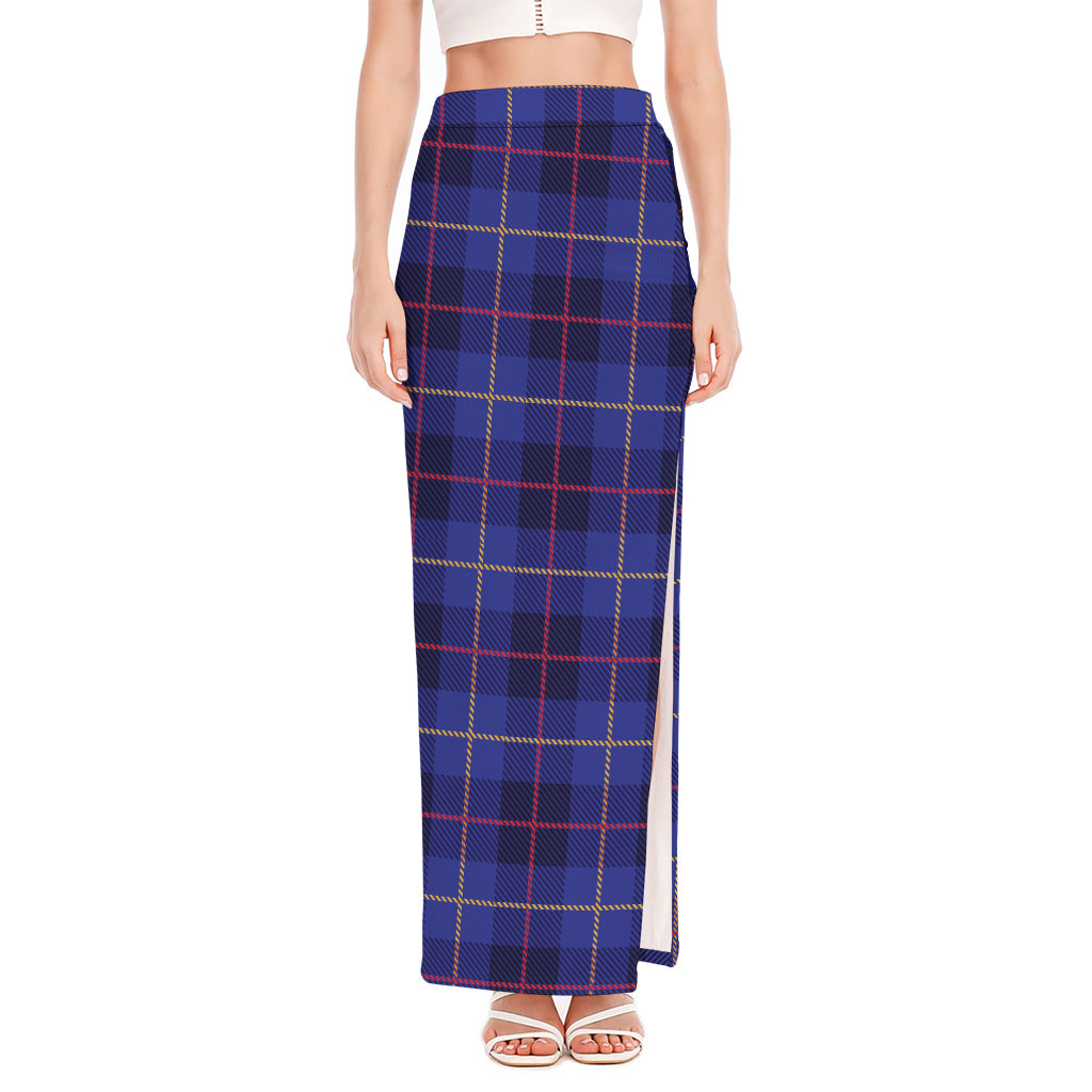 Deep Blue Stewart Tartan Print High Slit Maxi Skirt