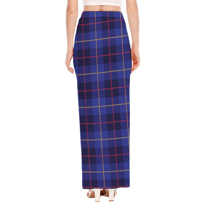 Deep Blue Stewart Tartan Print High Slit Maxi Skirt