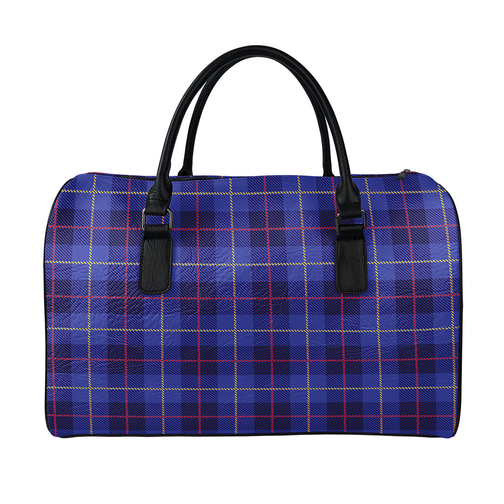 Deep Blue Stewart Tartan Print Leather Duffle Bag