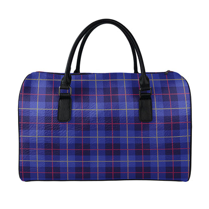 Deep Blue Stewart Tartan Print Leather Duffle Bag