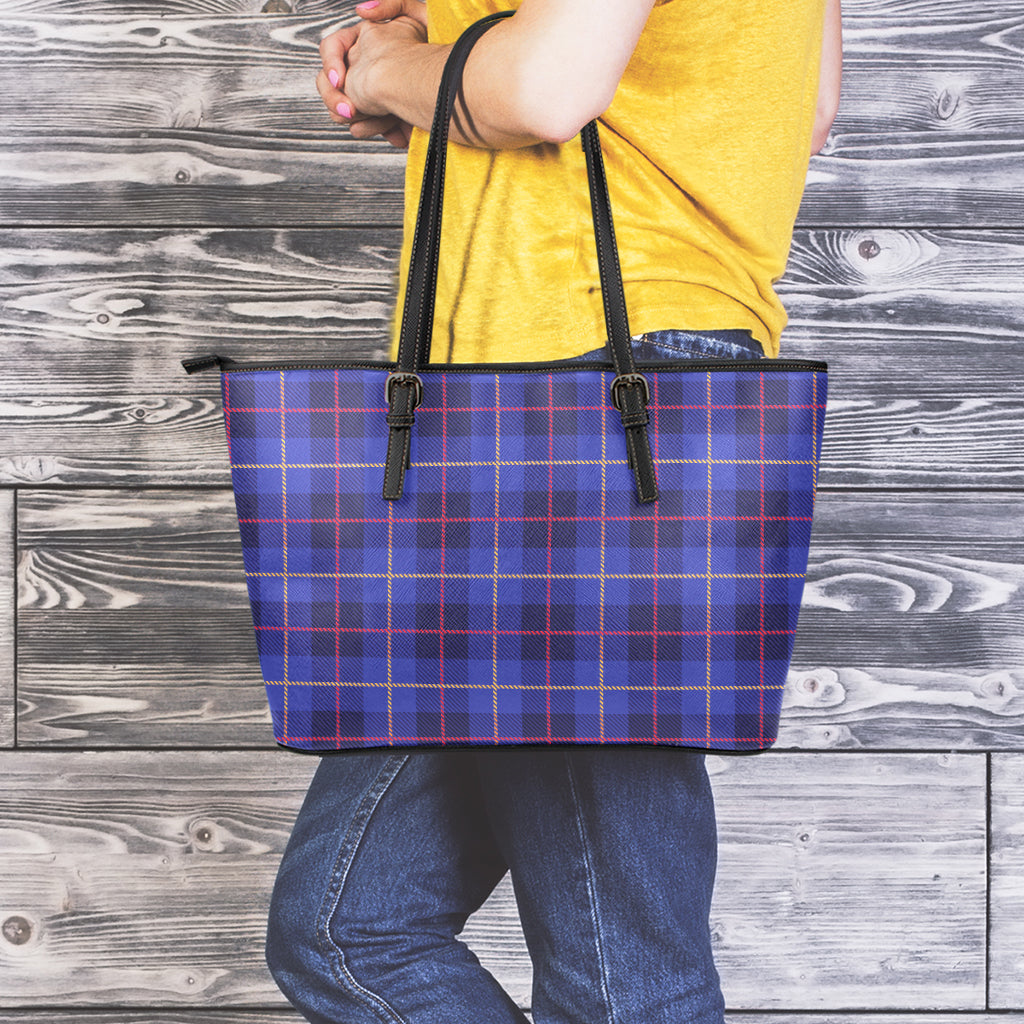 Deep Blue Stewart Tartan Print Leather Tote Bag