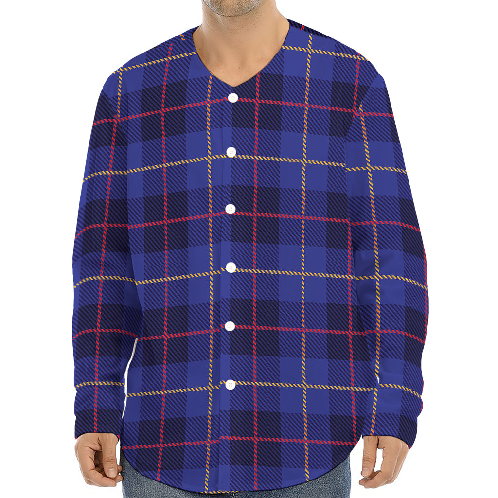 Deep Blue Stewart Tartan Print Long Sleeve Baseball Jersey
