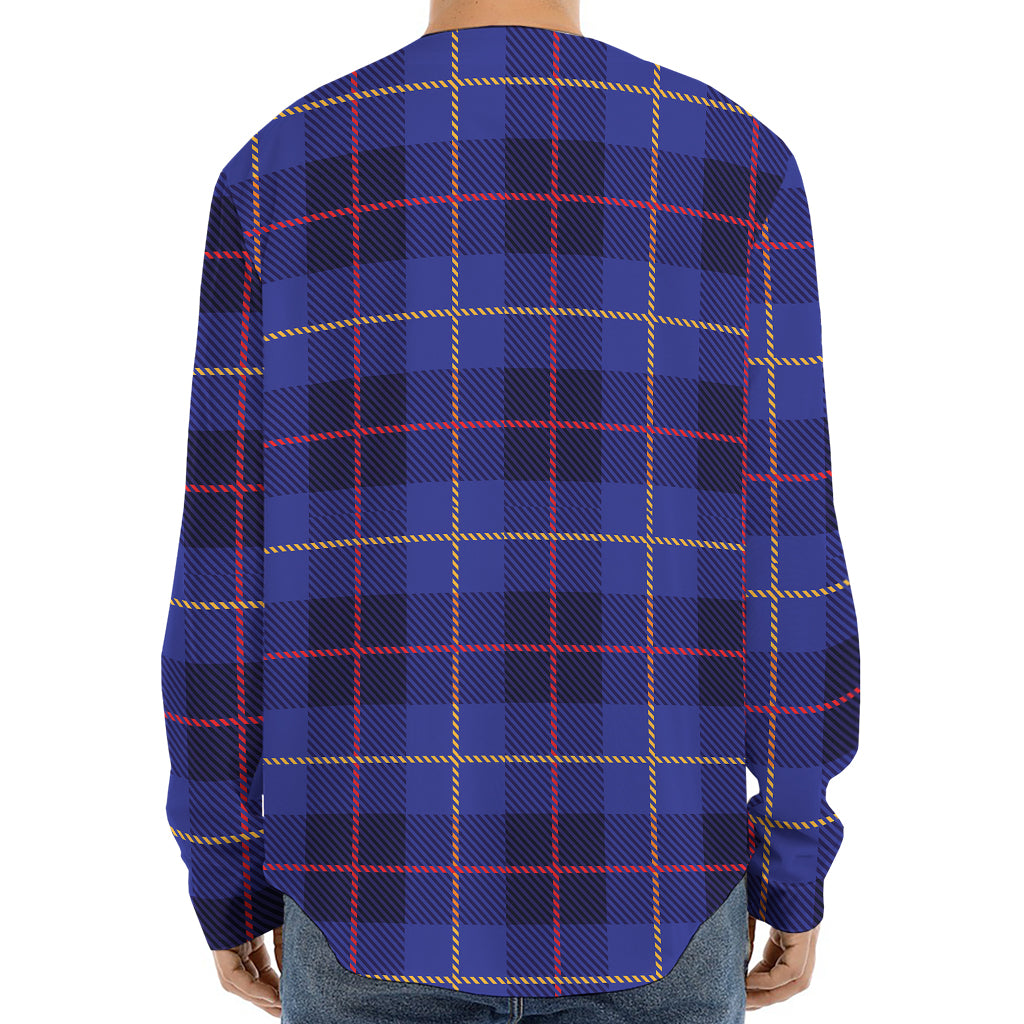 Deep Blue Stewart Tartan Print Long Sleeve Baseball Jersey